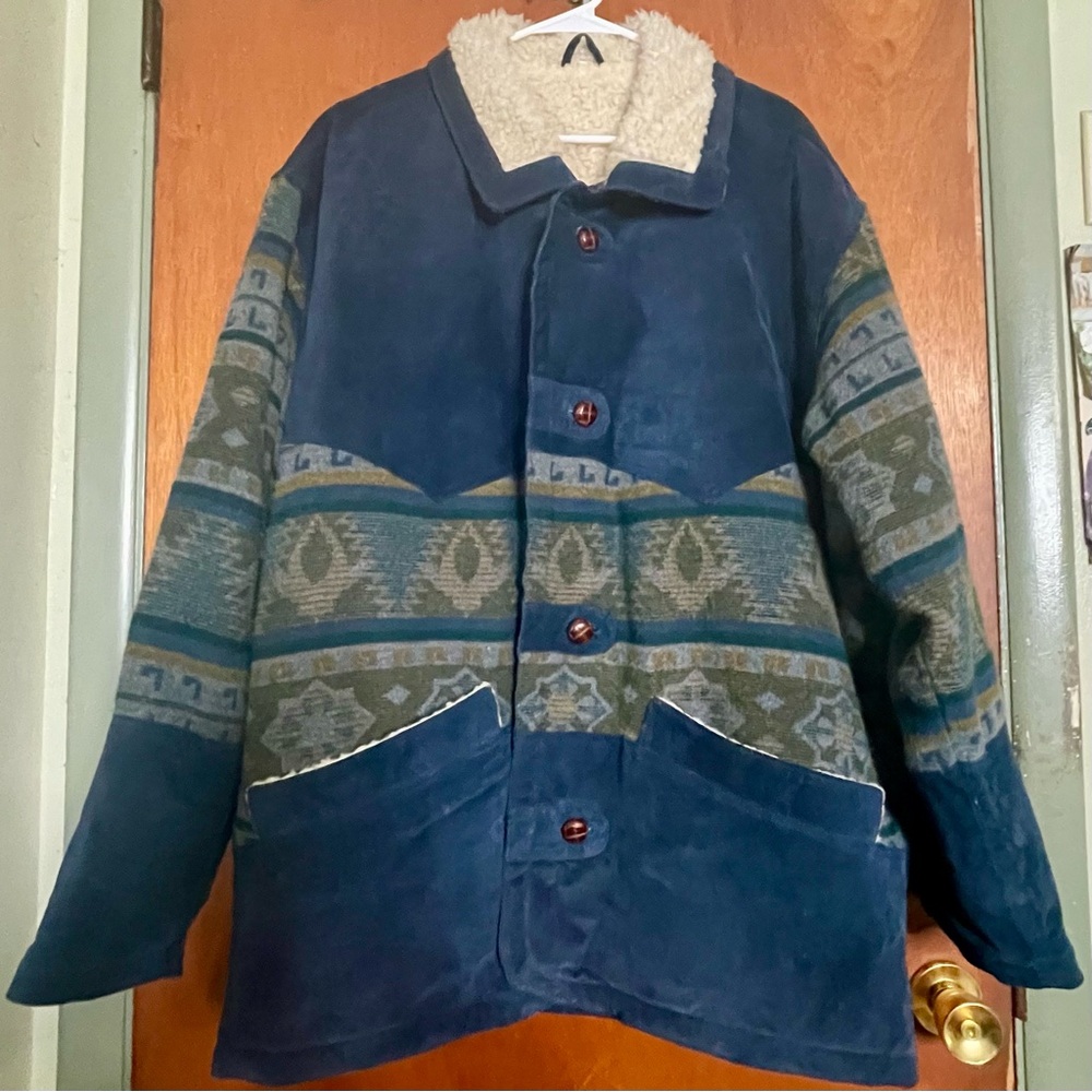 New Fast Vintage Cowhide Suede Leather Aztec Western Native Sherpa Borg Coat Lg